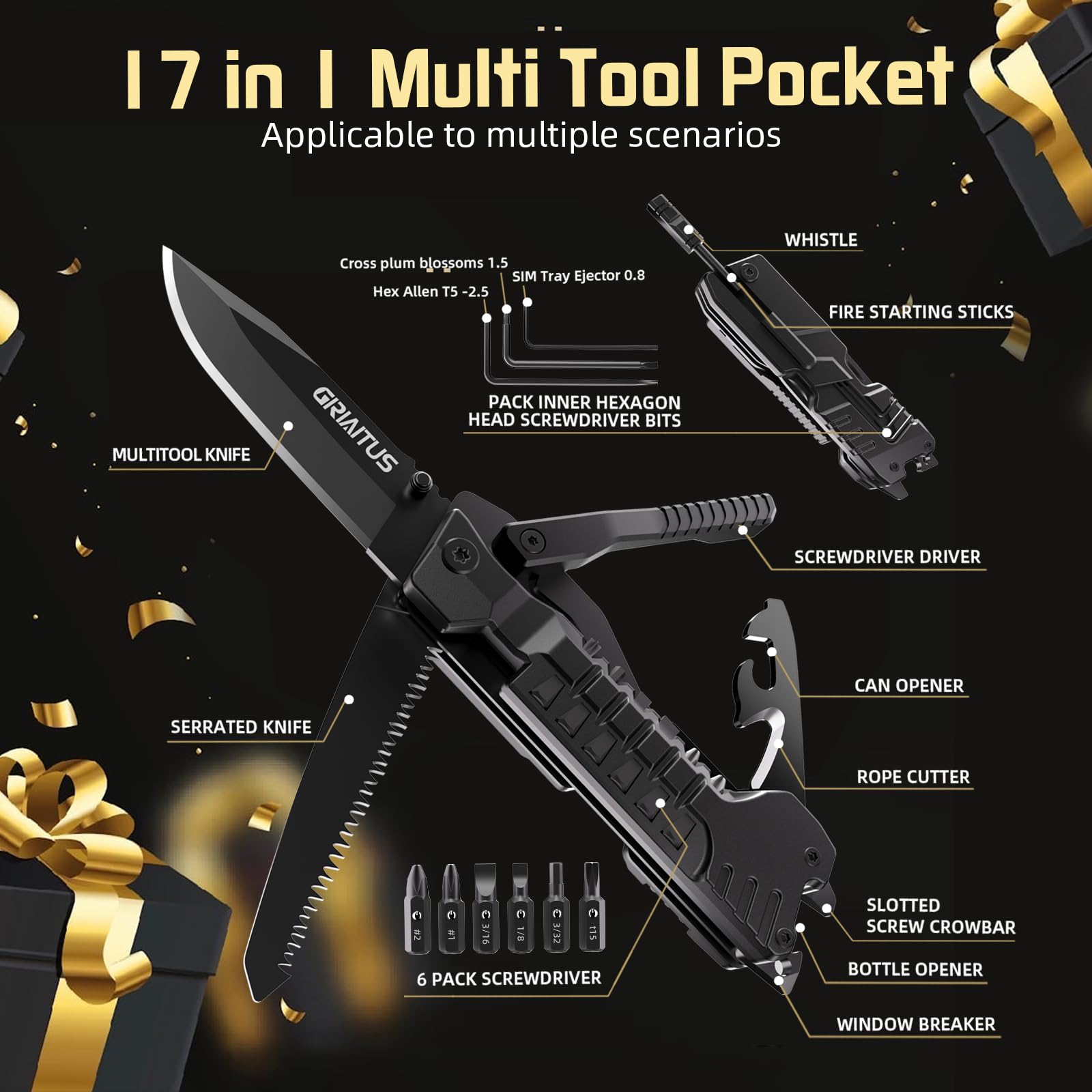 GIRIAITUS multitool screwdriver heads and drill bits for quick fixes.