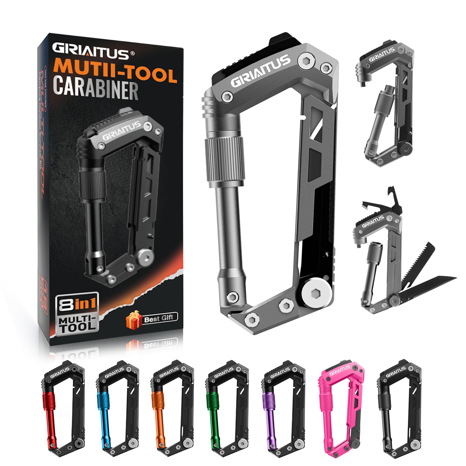 GIRIAITUS carabiner multitool with knife for camping and everyday tasks.