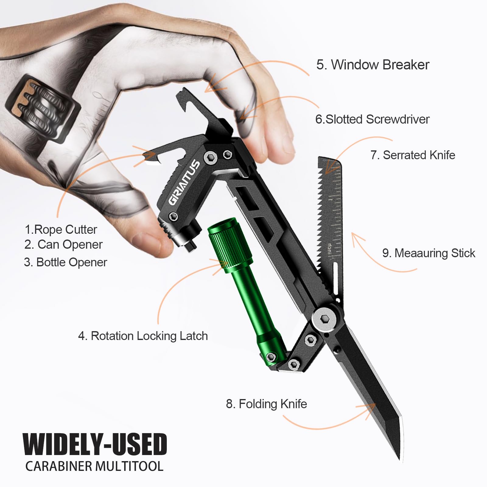 GIRIAITUS carabiner multitool serrated knife enables quick cutting in outdoor tasks.