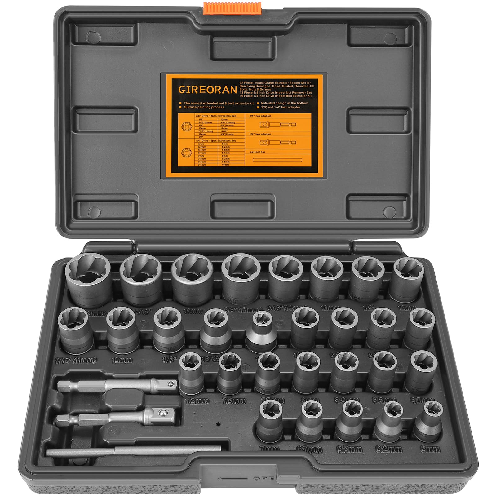 GIREORAN Upgrade bolt extractor kit case keeps tools organized for easy transport.