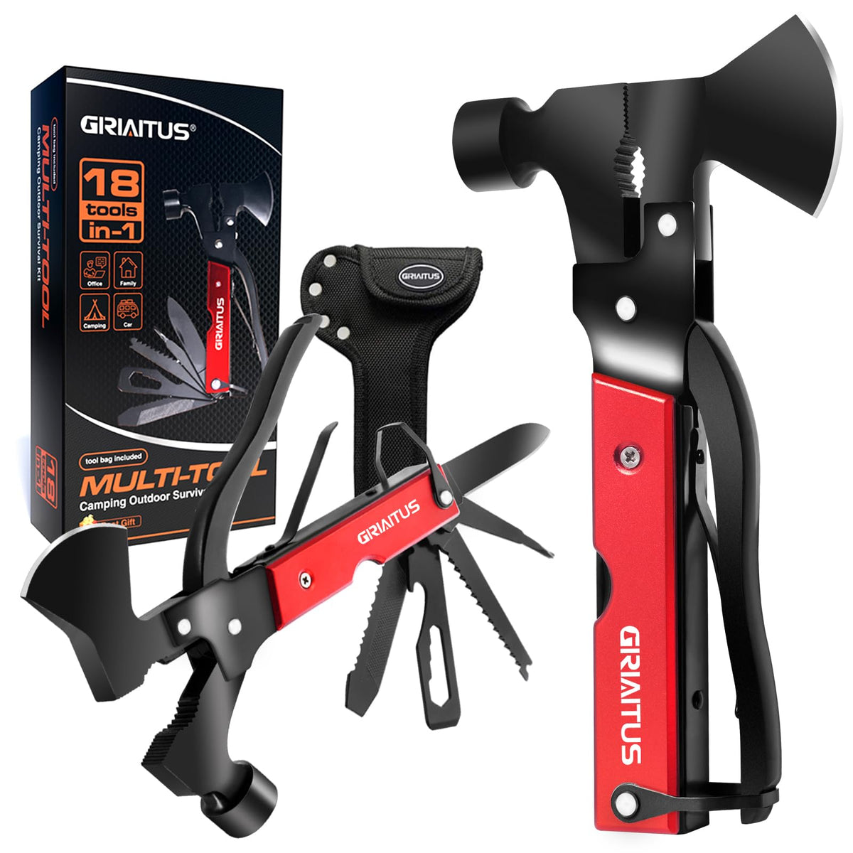 GIRIAITUS 18-in-1 multitool with axe for camping tasks and quick repairs.