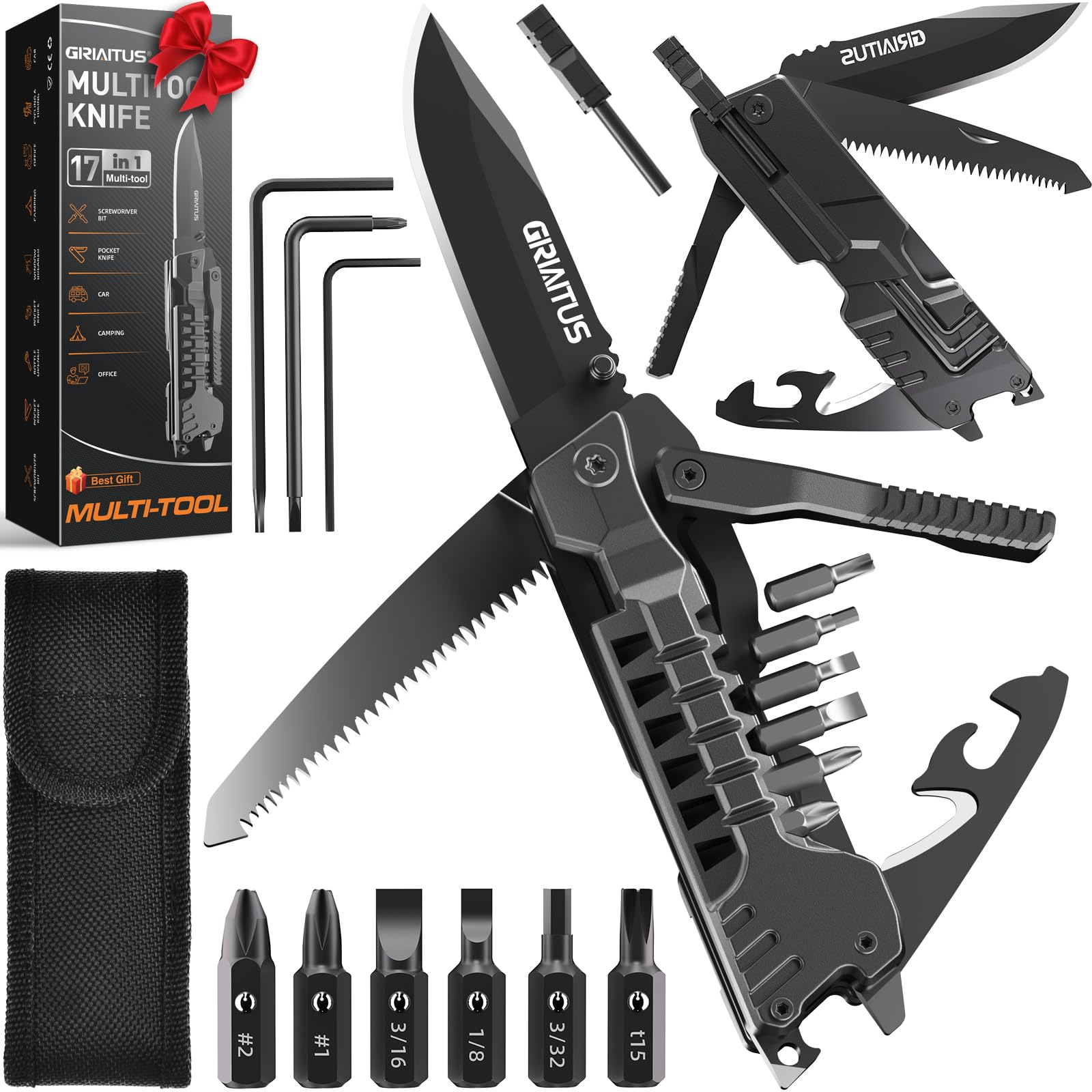 GIRIAITUS multitool knife 17-in-1 with rugged blade for camping tasks.