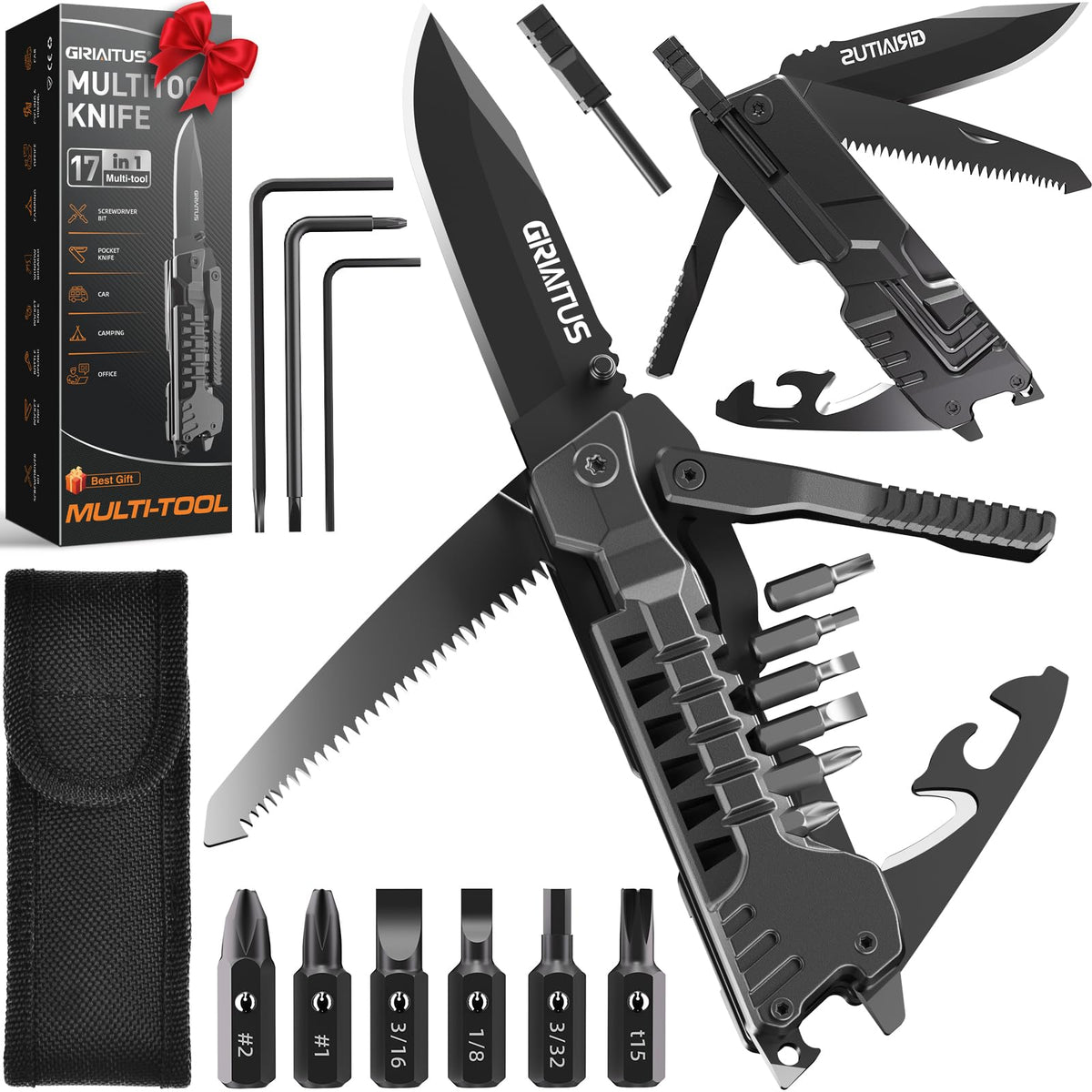GIRIAITUS multitool knife 17-in-1 with rugged blade for camping tasks.