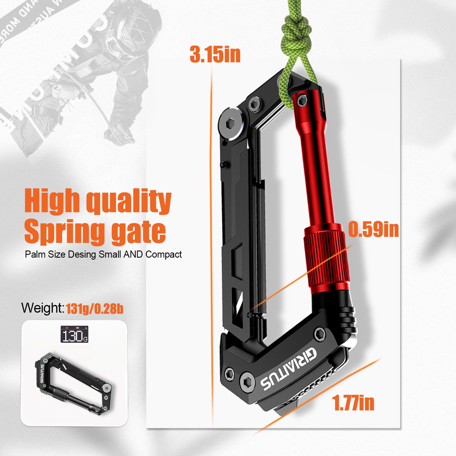 GIRIAITUS rope cutter integrated in carabiner for safe cuts.