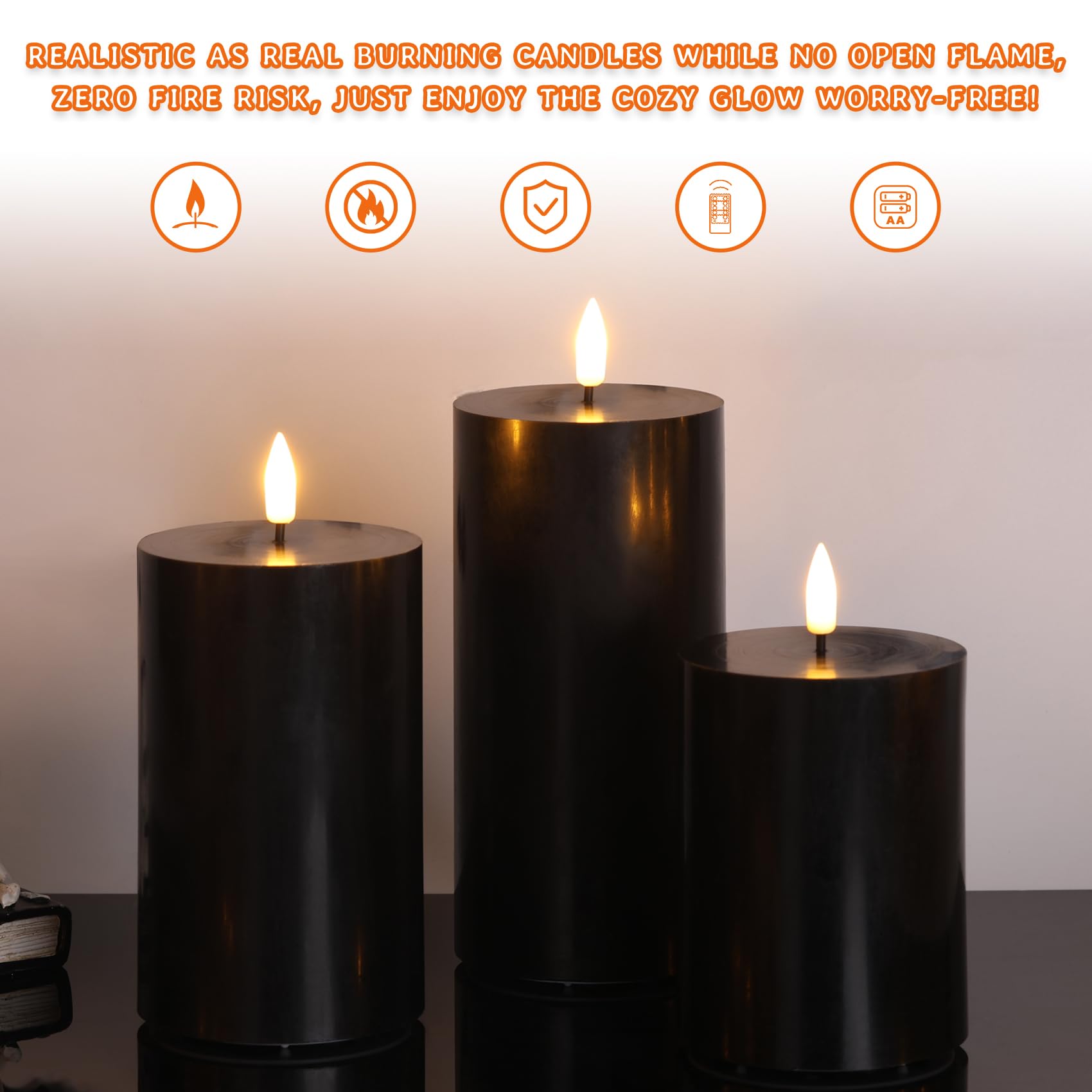Girimax black pillar candle 4-inch height offers compact tabletop accent.