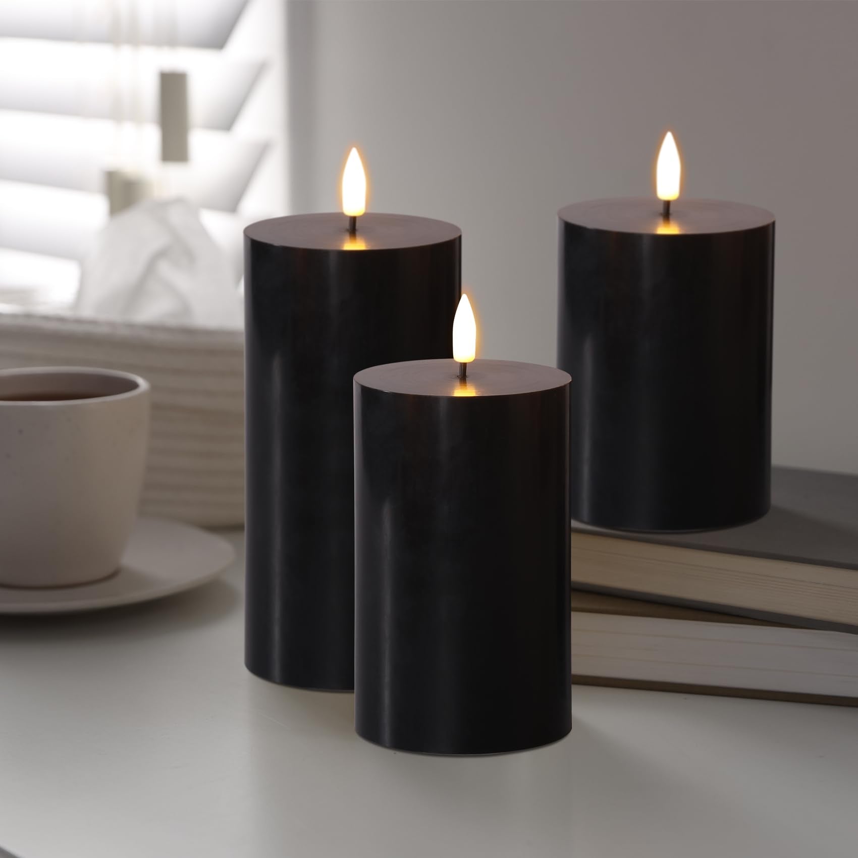 Girimax black pillar candle 5-inch height provides mid-size ambiance.