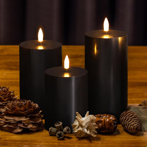Girimax black pillar candle 6-inch height creates tall centerpiece option.