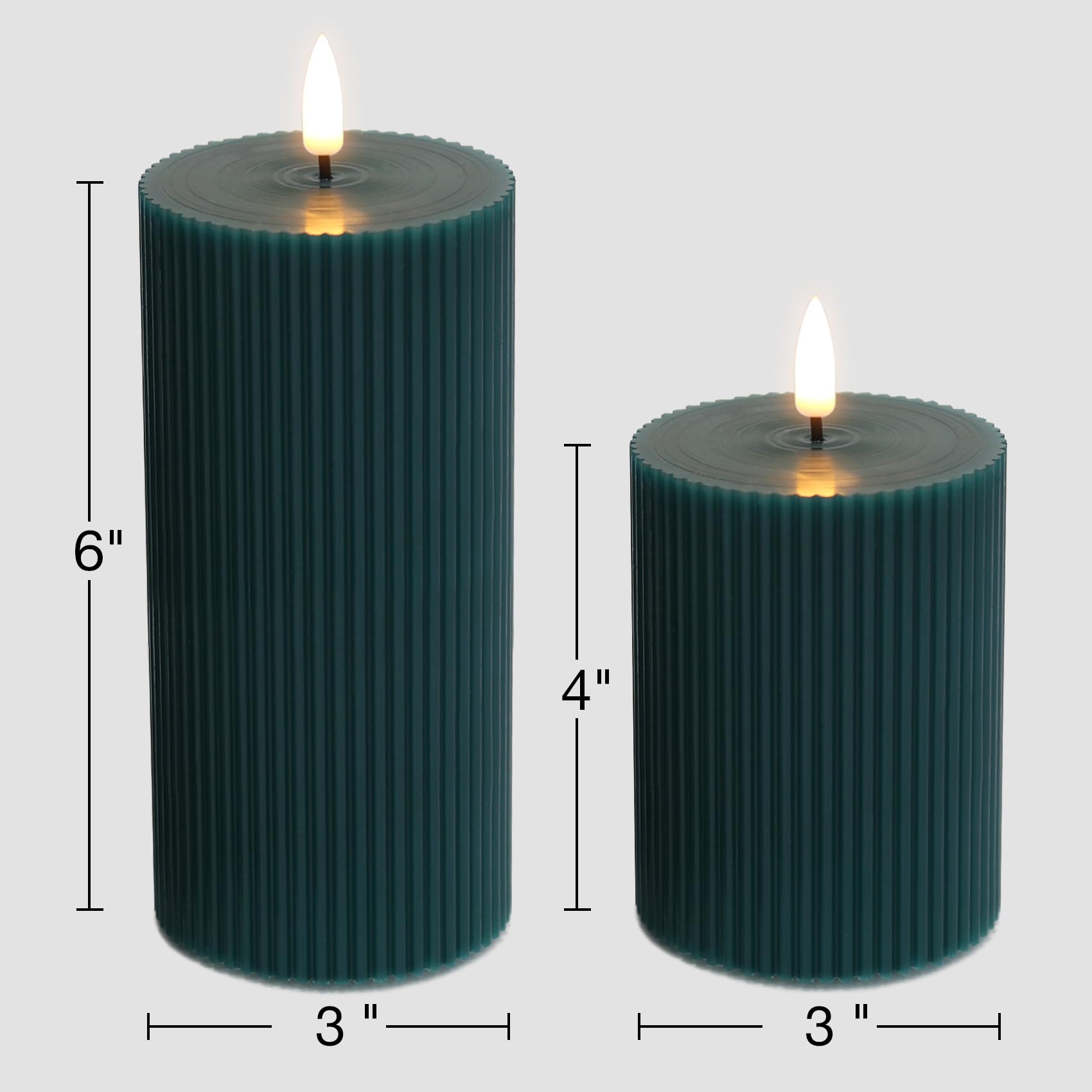 Girimax green ribbed LED pillar candle 3x6 for elegant centerpieces and decor.