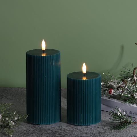 Girimax green ribbed LED candle lit glow enhances cozy evenings at home.