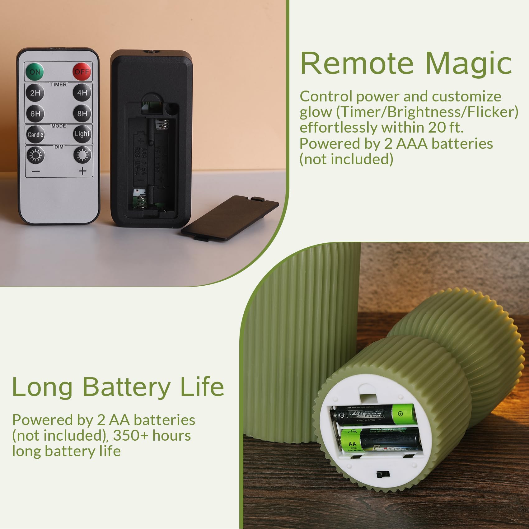 Girimax olive green remote pillar candle with timer feature