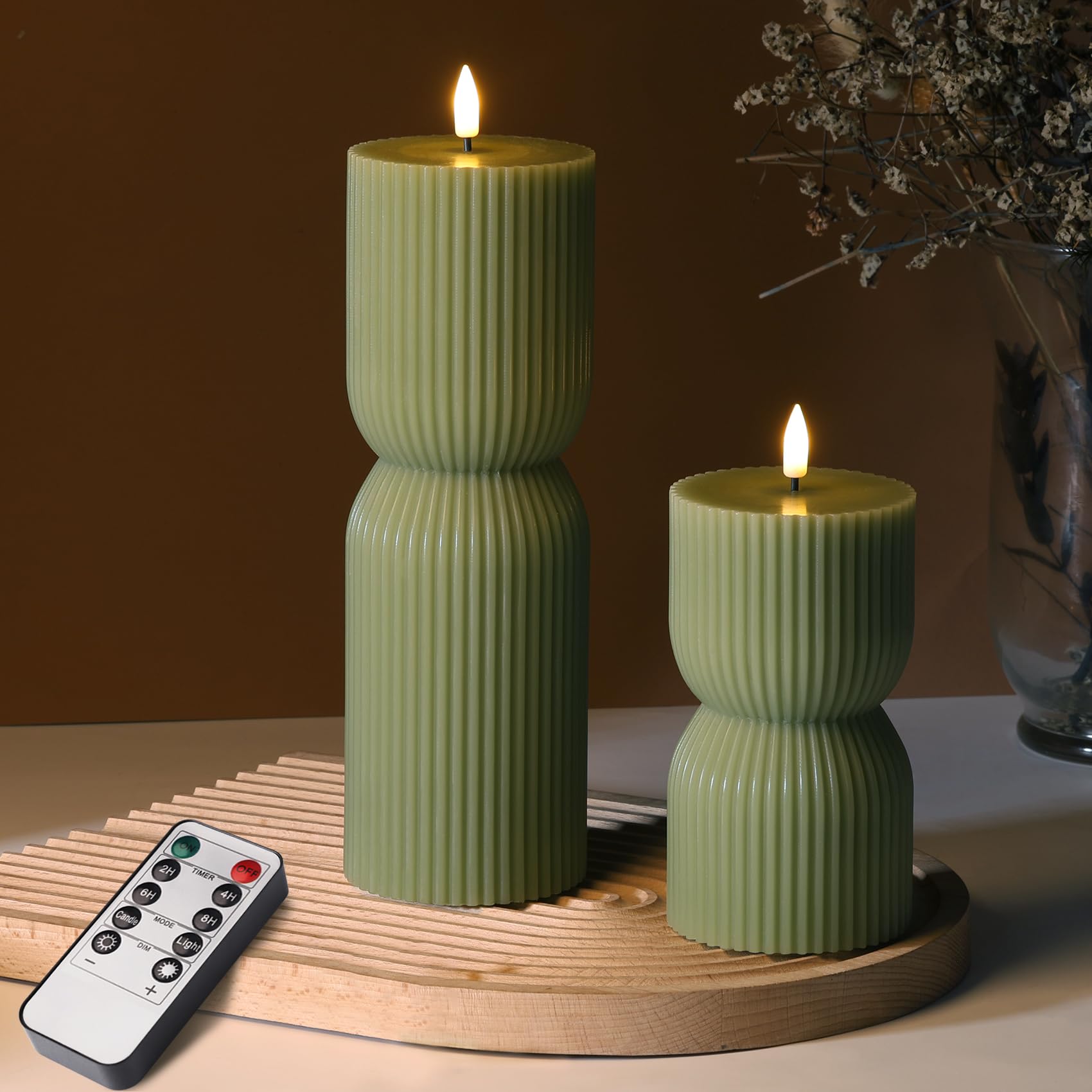 Girimax olive green ribbed pillar candle with remote for cozy ambiance