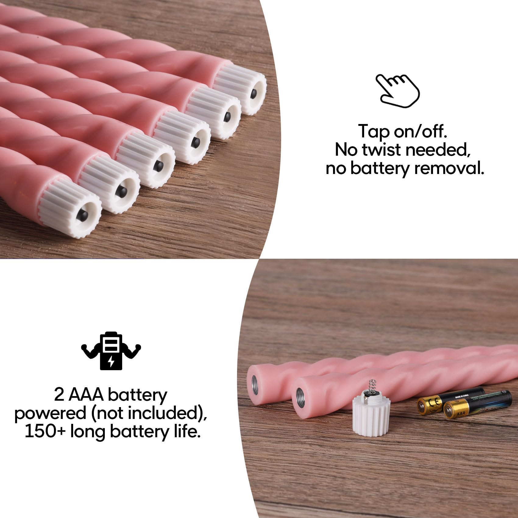 Girimax pink flameless taper candles six-pack on dining table creating warm ambiance.