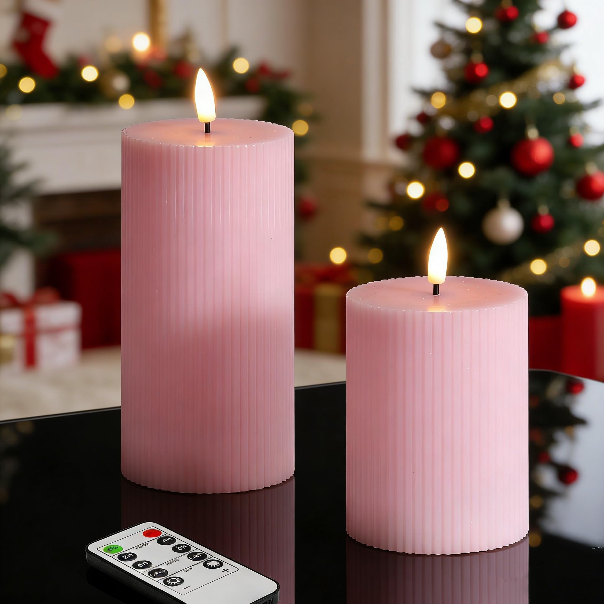 Girimax pink ribbed flameless pillar candle 3x4 provides safe, warm mood lighting.