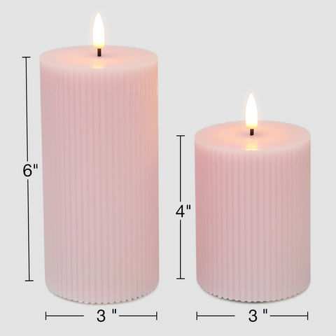 Girimax pink ribbed flameless pillar candle 3x6 creates ambient lighting for events.