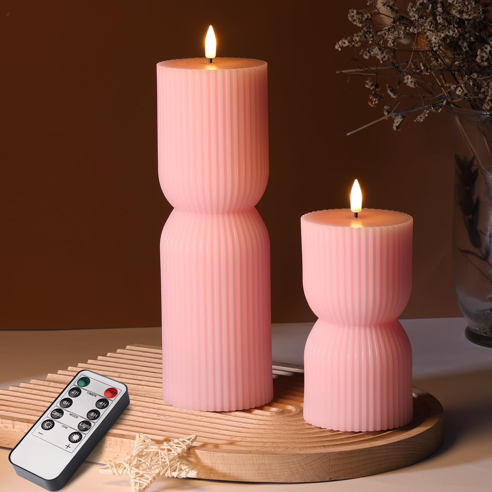 Girimax pink ribbed flameless candle with real-wax coating provides safe, cozy ambiance