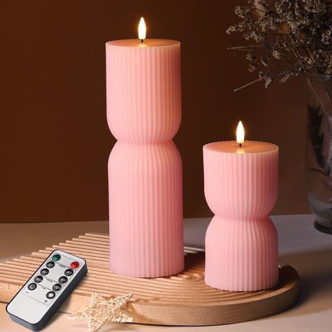 Girimax pink ribbed flameless candle with real-wax coating provides safe, cozy ambiance