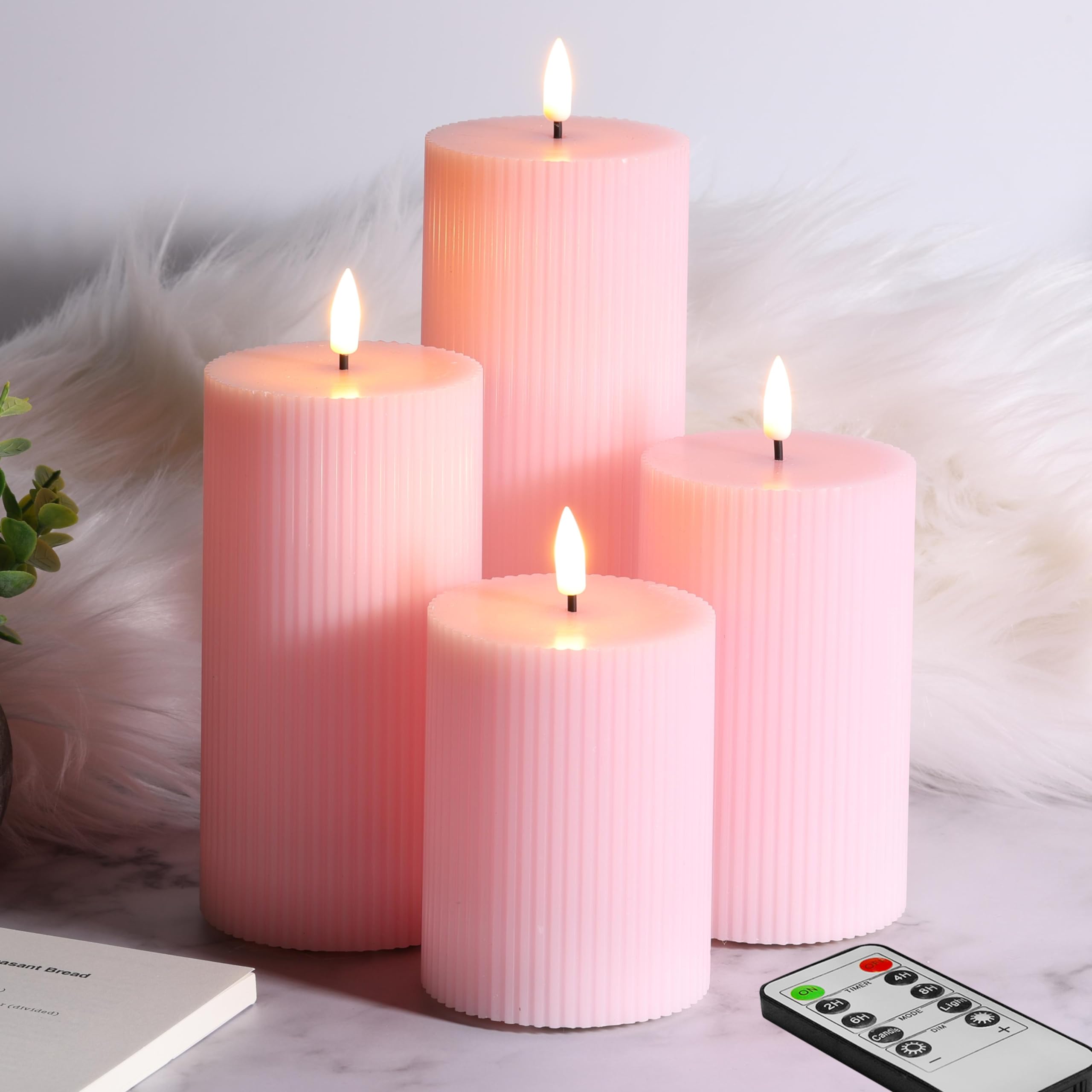 Girimax pink ribbed LED pillar candle 3x4 with remote for safe, long-lasting ambiance.