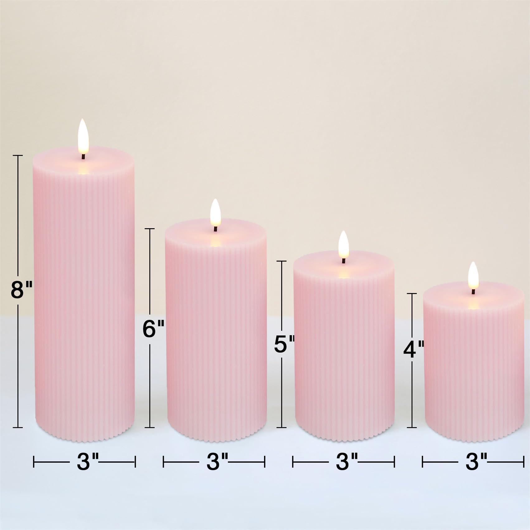 Girimax pink ribbed LED pillar candle 3x5 with remote for elegant centerpiece lighting.