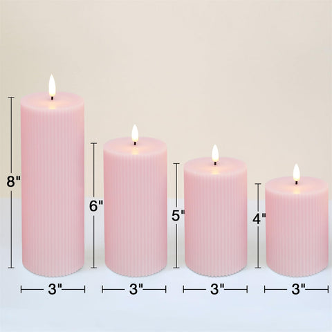 Girimax pink ribbed LED pillar candle 3x5 with remote for elegant centerpiece lighting.