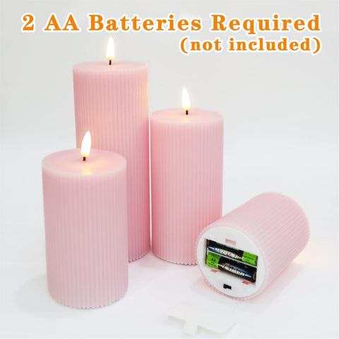 Girimax pink ribbed LED pillar candle 3x6 with warm glow, remote powered.