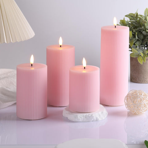 Girimax pink ribbed LED pillar candle 3x8 offers dramatic vertical lighting.