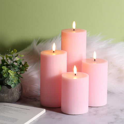 Girimax pink ribbed LED pillar candle paraffin-coated wax look enhances realism.