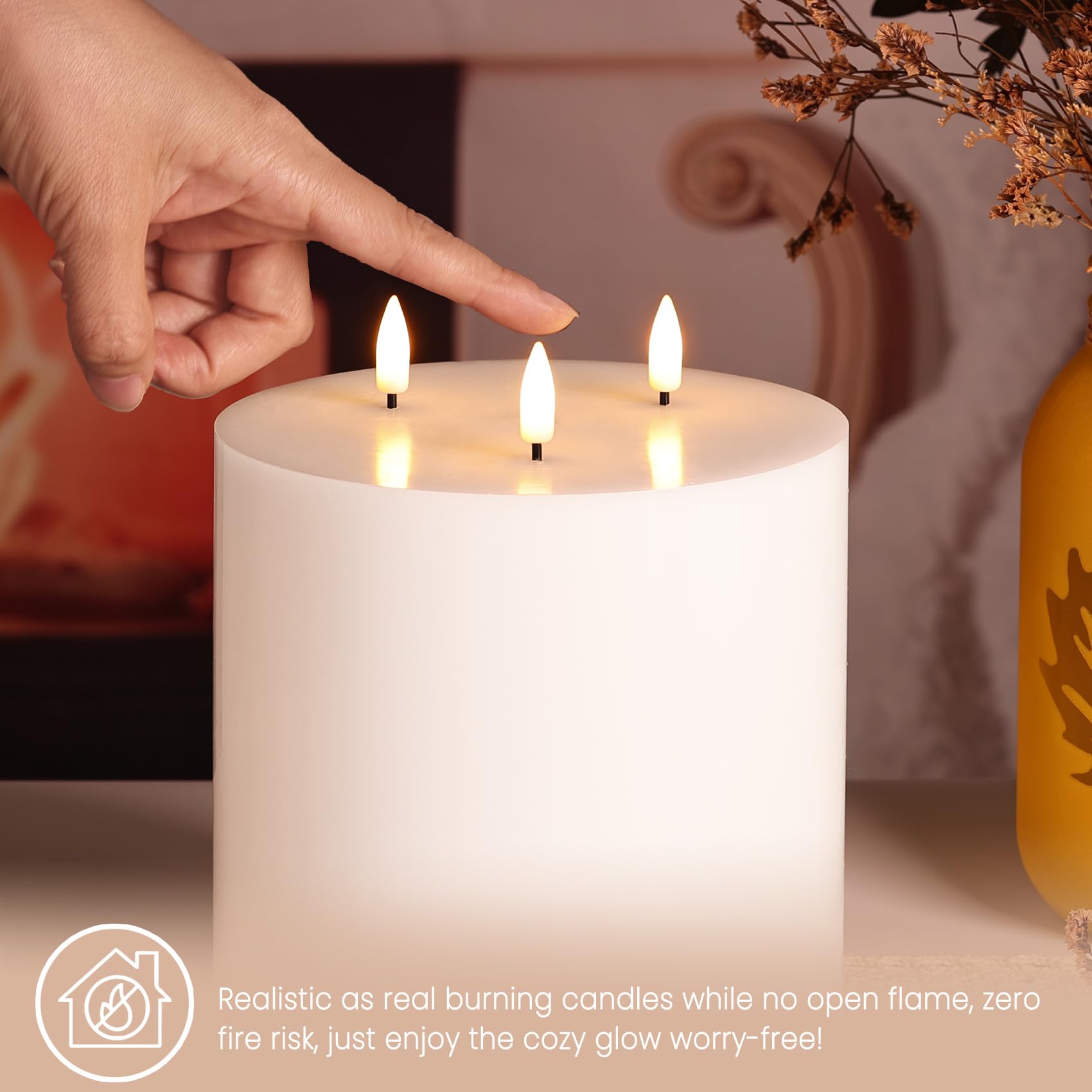 Girimax warm flicker glow creates cozy ambiance without an open flame.