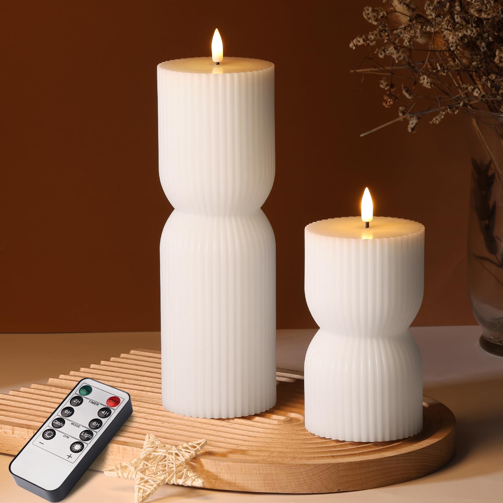 Girimax white ribbed pillar candles set of 2 casting warm mantel glow