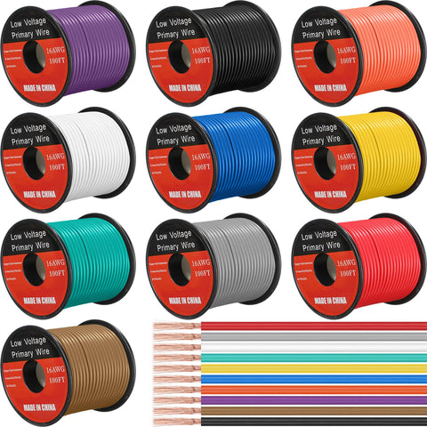 Gisafai 10-pcs 100 ft 16 gauge wire spools for versatile automotive wiring