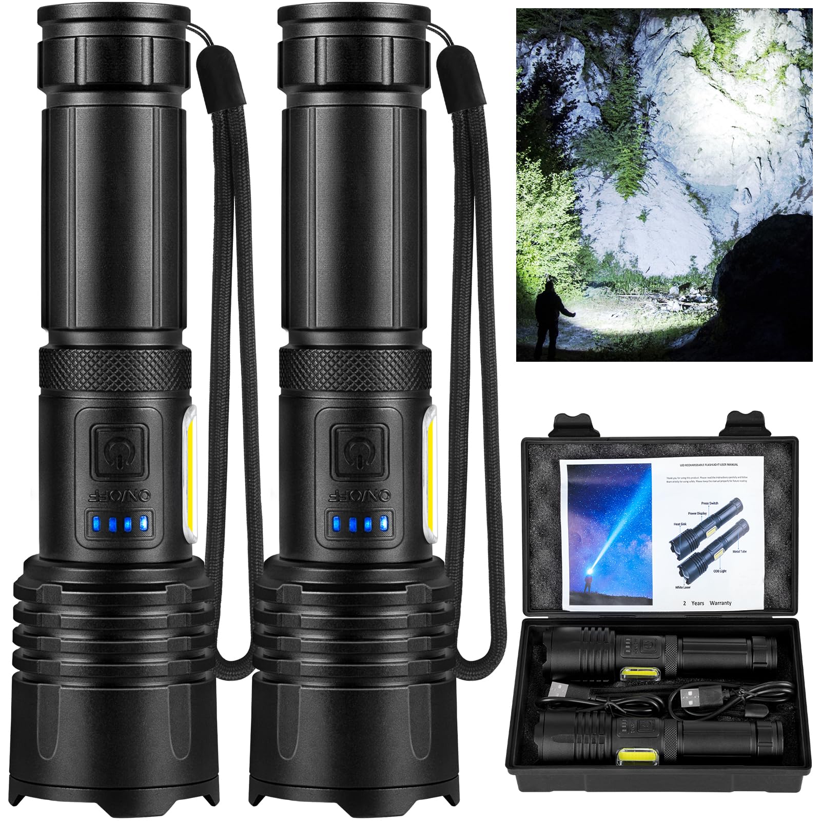 GISAEV two-pack 90,000 lumen flashlights for outdoor and emergency use.