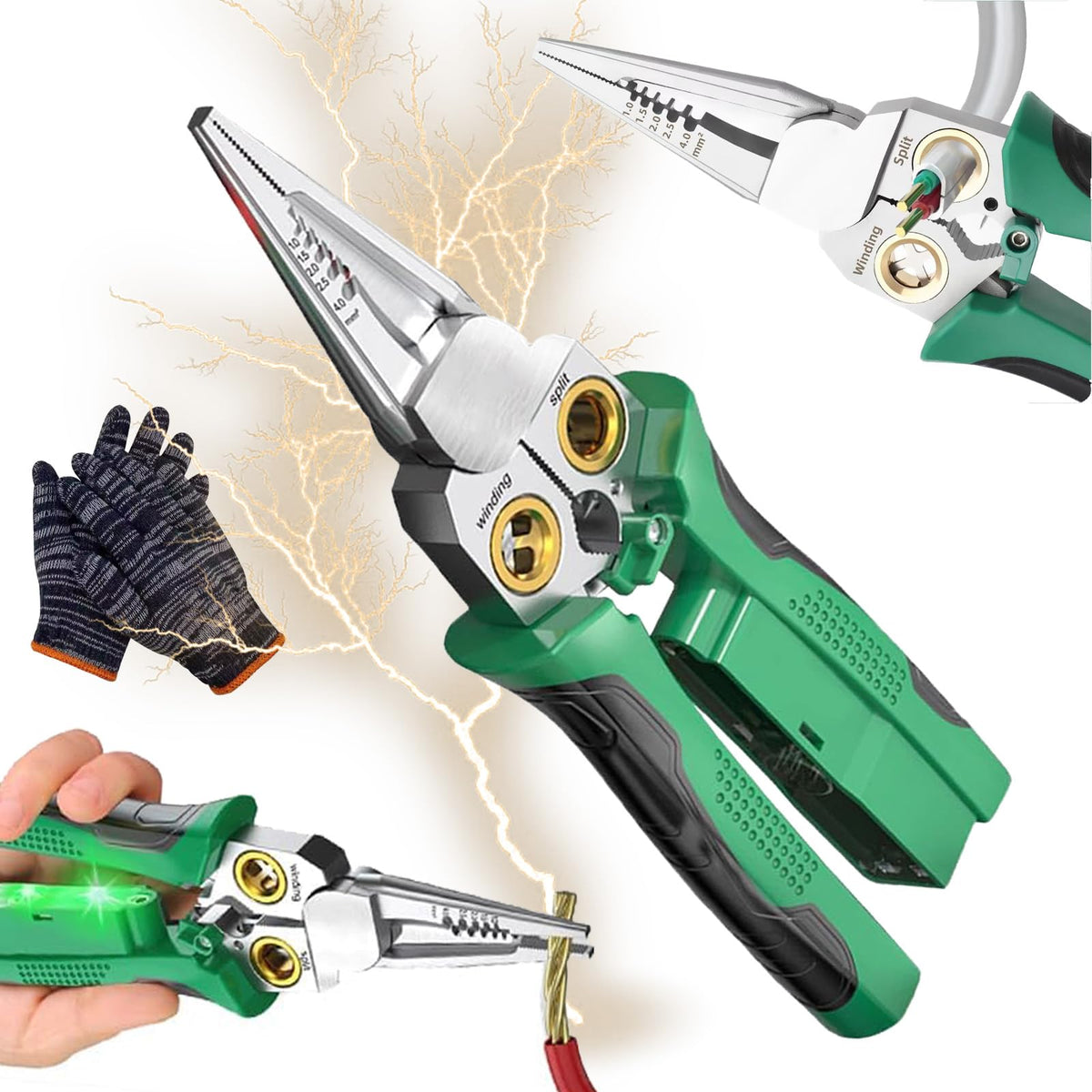 Gitende 8-in-1 wire stripper with voltage tester in green, ready for fast electrical prep.