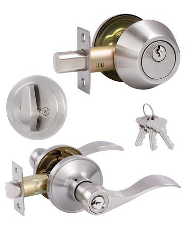 GitRang keyed-alike front door lockset in satin nickel for secure exterior entry.