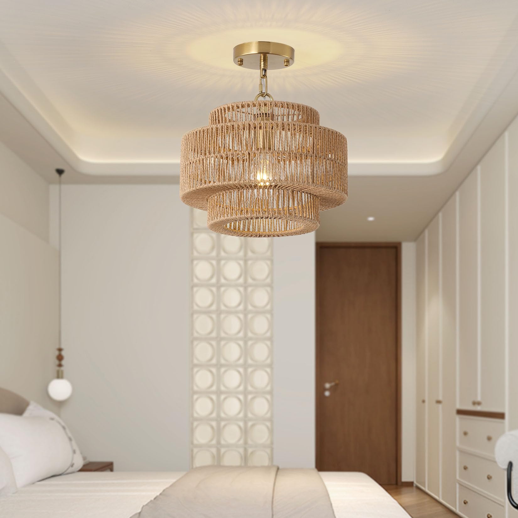 Giutna adjustable-height rattan drum chandelier fits various ceiling heights elegantly