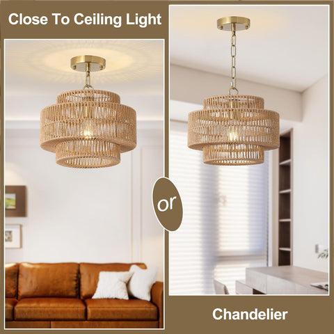 Giutna hand-woven rattan chandelier closeup highlights natural texture