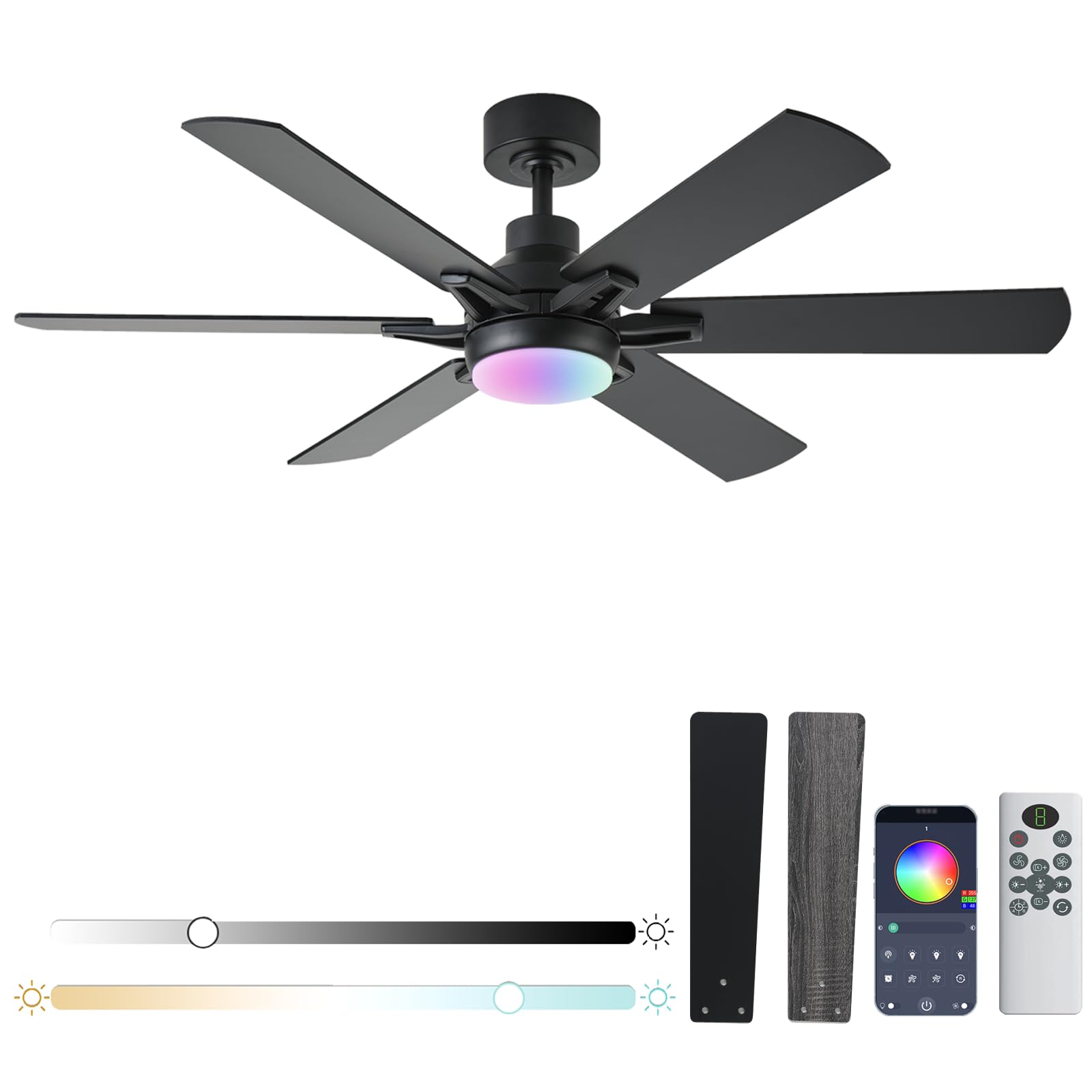 GJeg 52in ceiling fan with light shows RGB lighting for vibrant living room ambience