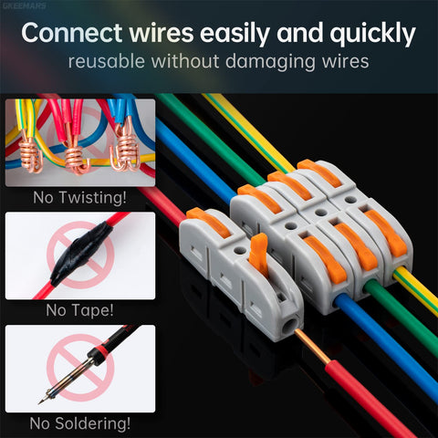 GKEEMARS splicing connectors assemble into a tidy, space-saving wiring setup.