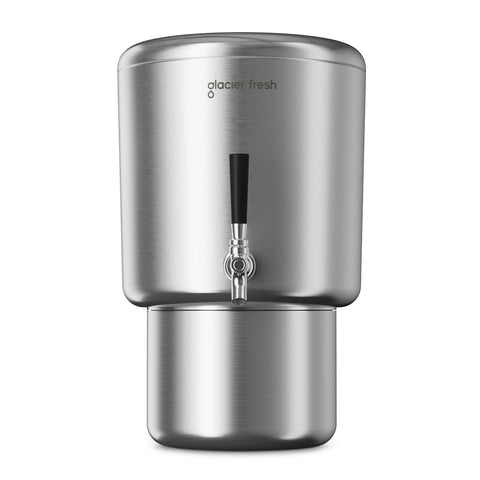 GLACIER FRESH countertop filter front view, modern stainless design for clean kitchen water.