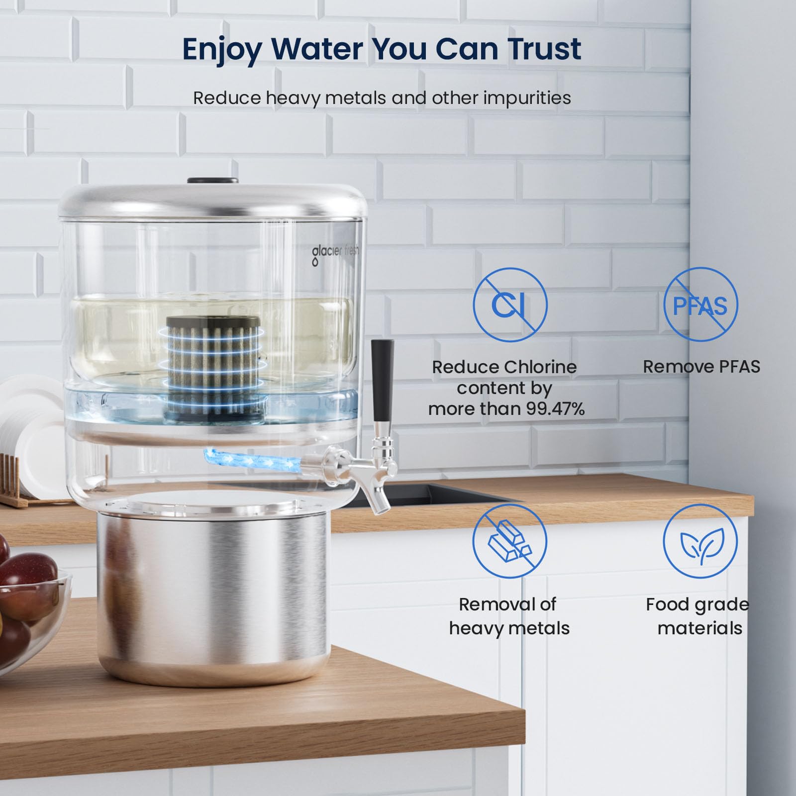 GLACIER FRESH Elarisey technology close-up highlighting advanced contaminant capture.