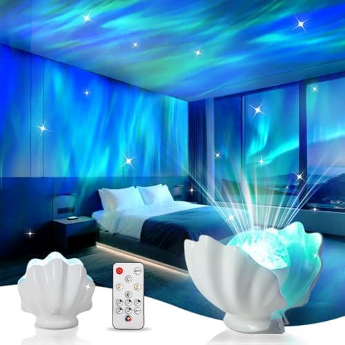 GLACIER GIFT Northern Lights projector shell night light for a cozy bedroom ambiance.