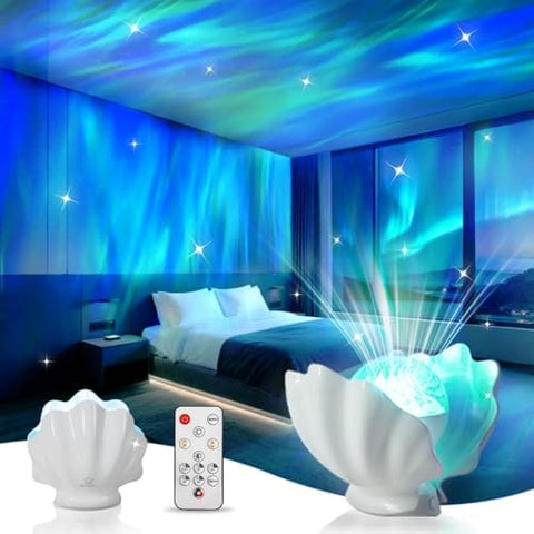 GLACIER GIFT Northern Lights projector shell night light for a cozy bedroom ambiance.