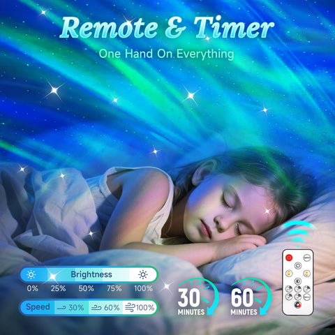 GLACIER GIFT remote control and timer for easy bedtime setup.
