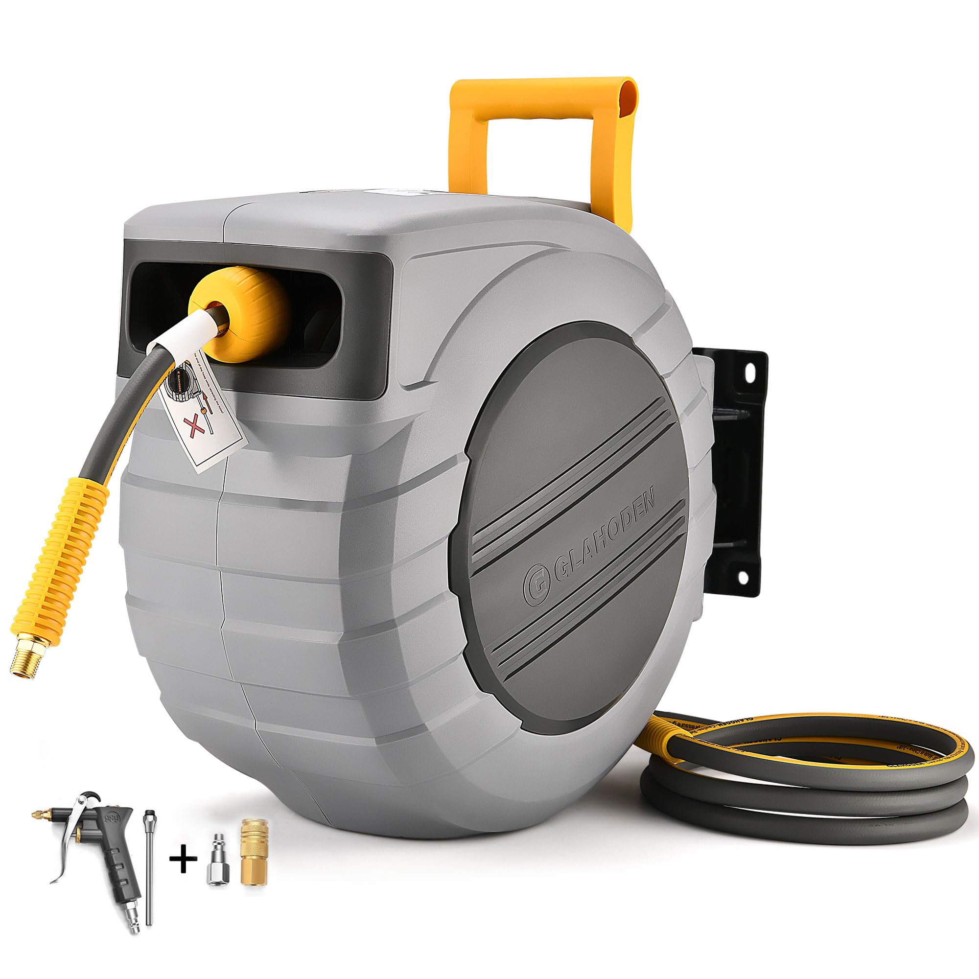 GLAHODEN air hose reel retractable housing with secure mounting and neat hose storage.