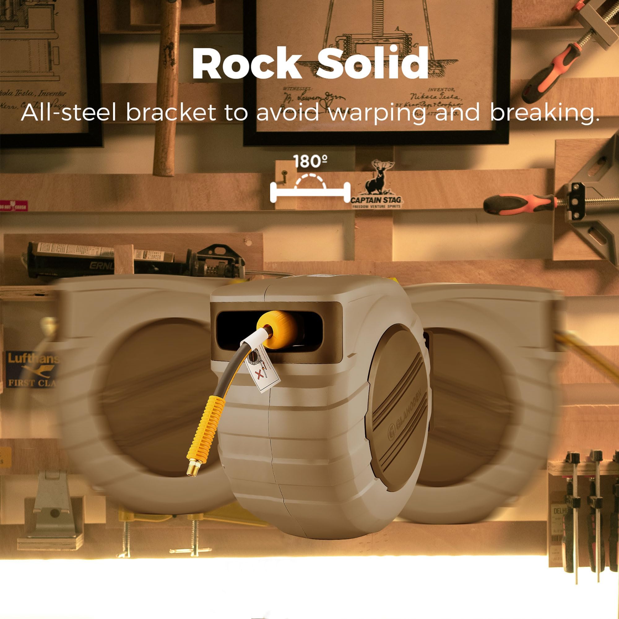 GLAHODEN 180-degree swivel bracket enabling flexible hose positioning.