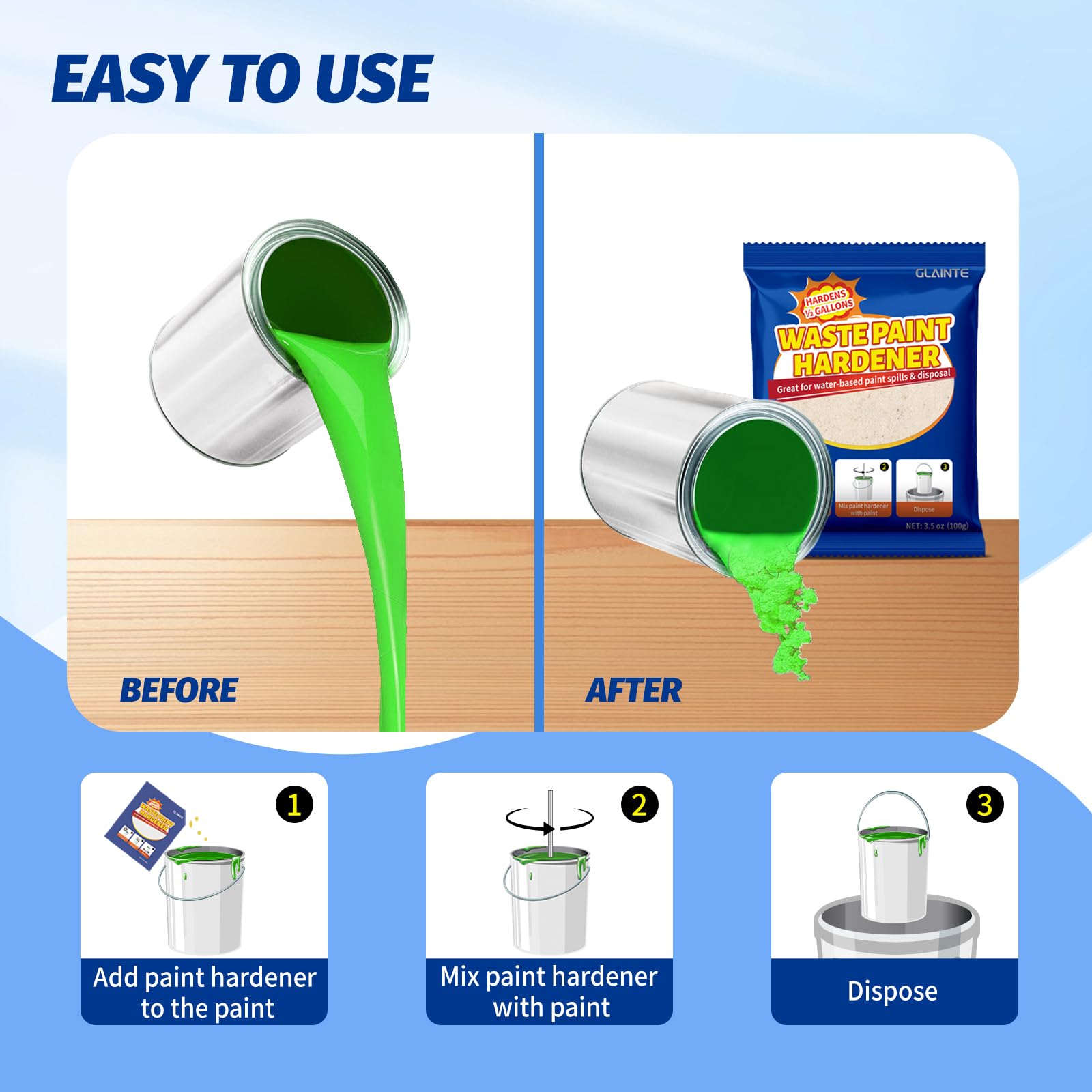 GLAINTE Waste Away hardener poured into a can for safe disposal.