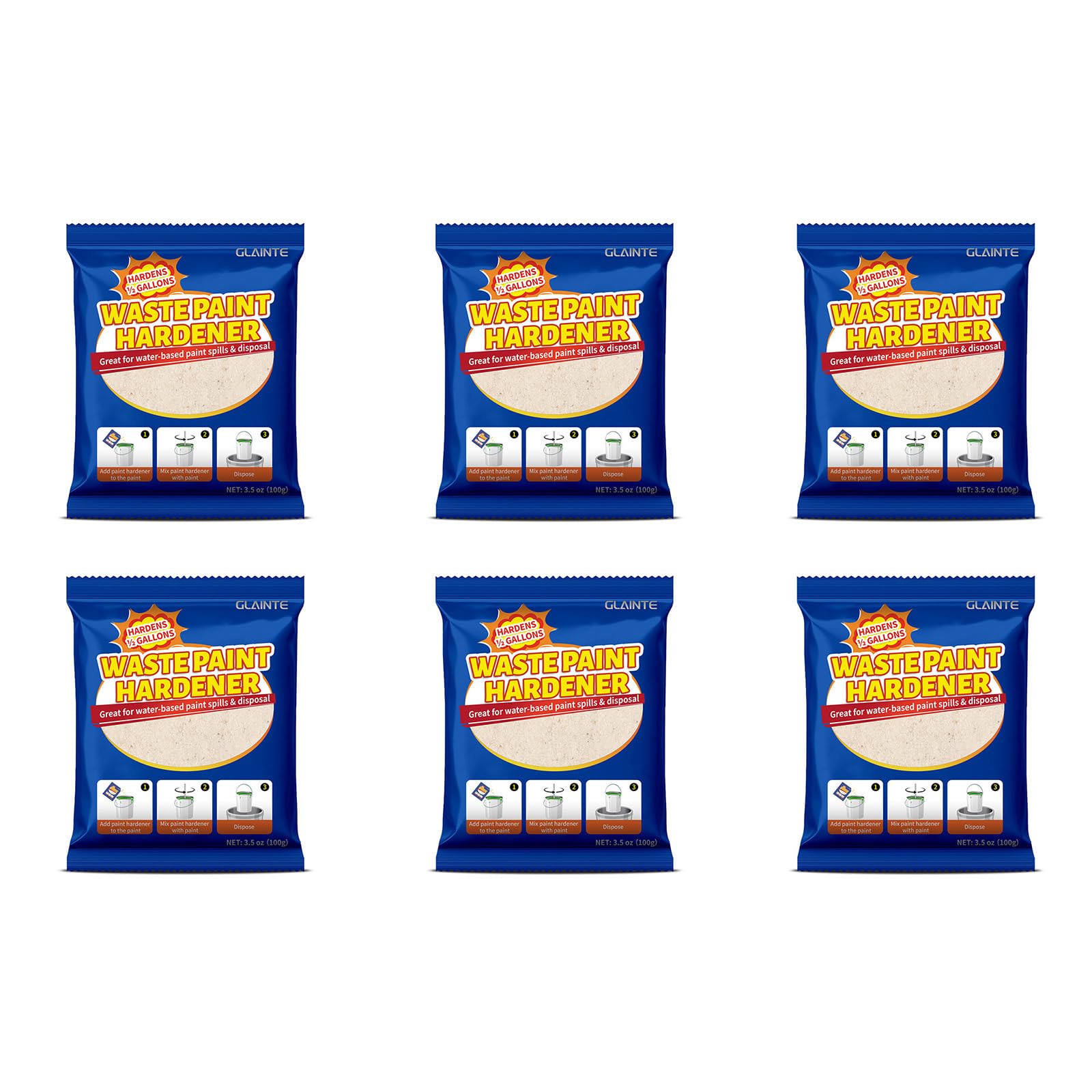 GLAINTE Waste Away Paint Hardener six-pack powder ready for quick paint waste cleanup.