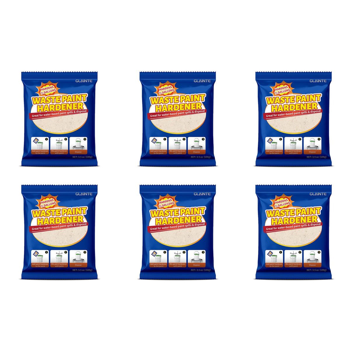 GLAINTE Waste Away Paint Hardener six-pack powder ready for quick paint waste cleanup.
