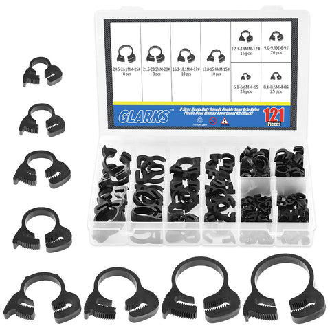Glarks 121Pcs hose clamps set shows wide 6.1-26.1 mm range for various hoses.