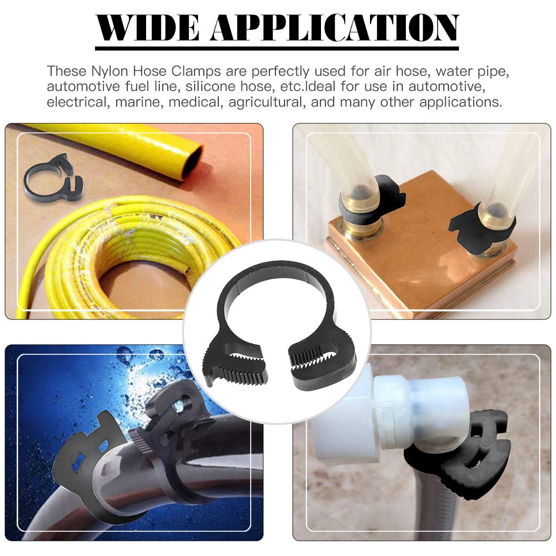 Glarks black clamps with smooth edges protect hoses during tightening.