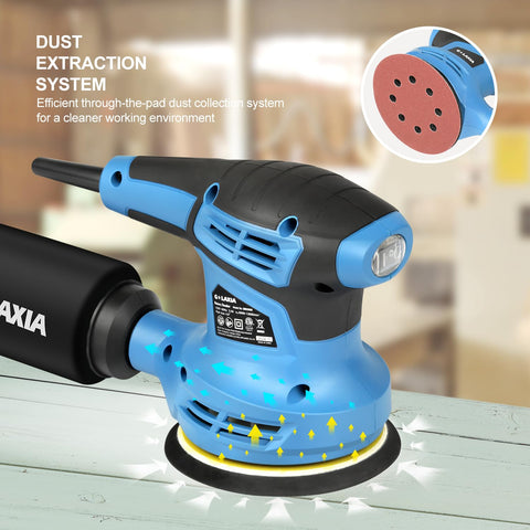 G LAXIA Orbital Sander with dust bag demonstrates a cleaner workspace during sanding.