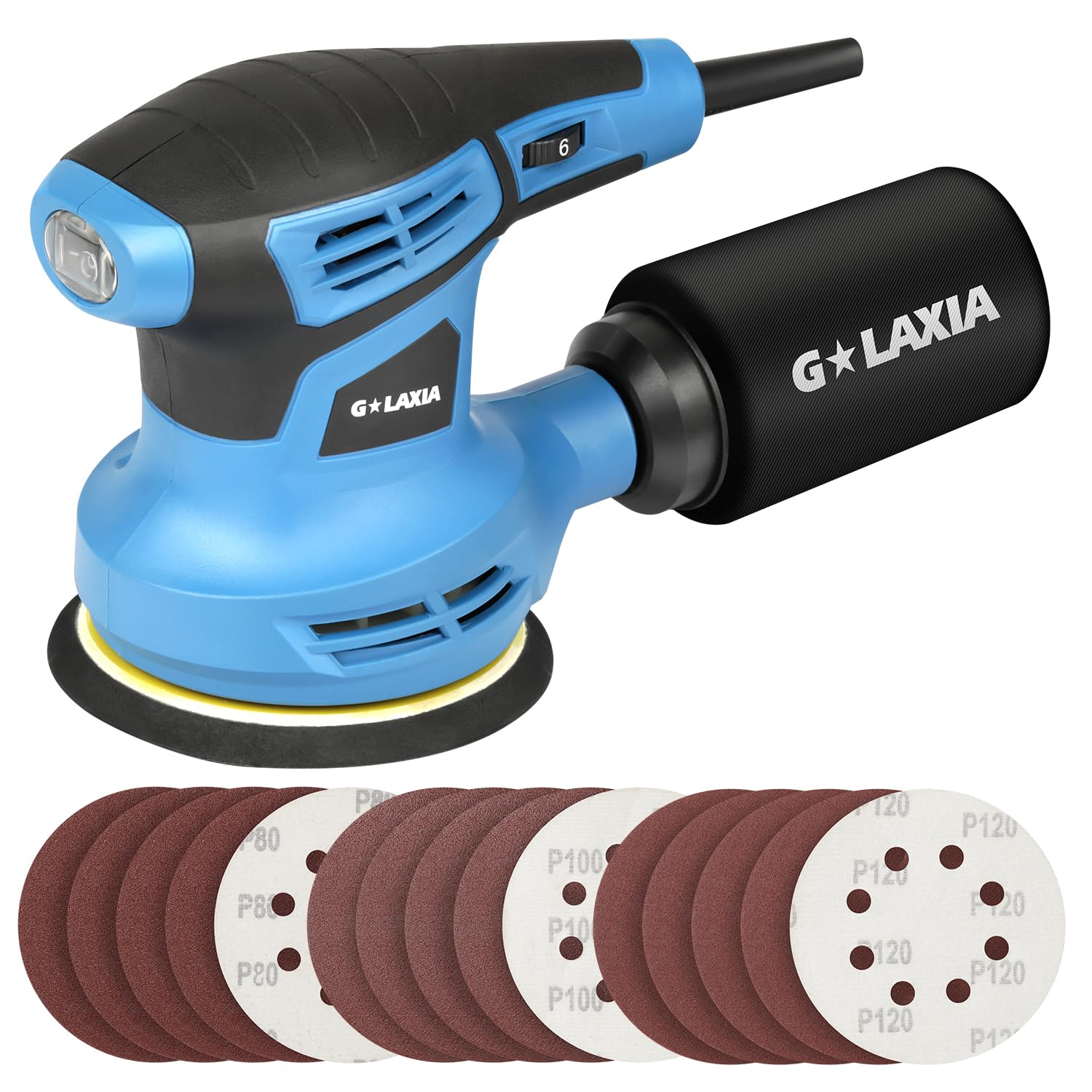 G LAXIA Orbital Sander front view showing compact palm-size design for precise edging.